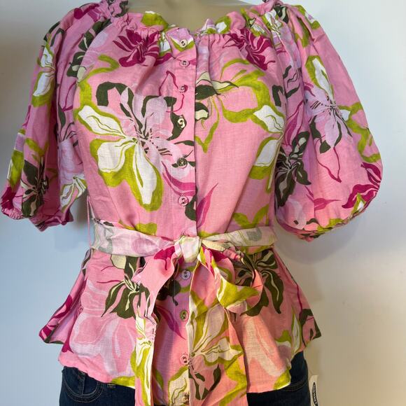 Boston Proper, Pink Linen Puff Sleeve Tie Waist Peplum Blouse Size XS - Picture 4 of 9
